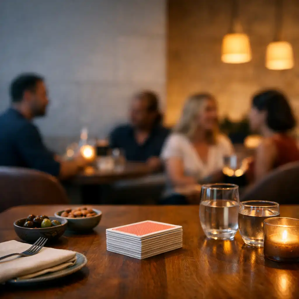 A warmly lit restaurant table set with shared plates, glassware and physical playing cards
