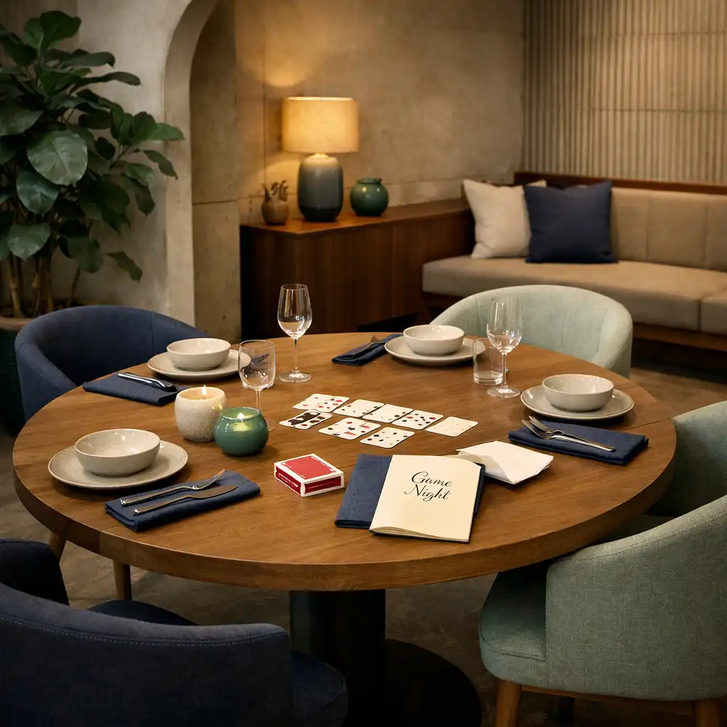 An intimate restaurant card lounge with an oval table, dining settings and a deck of cards