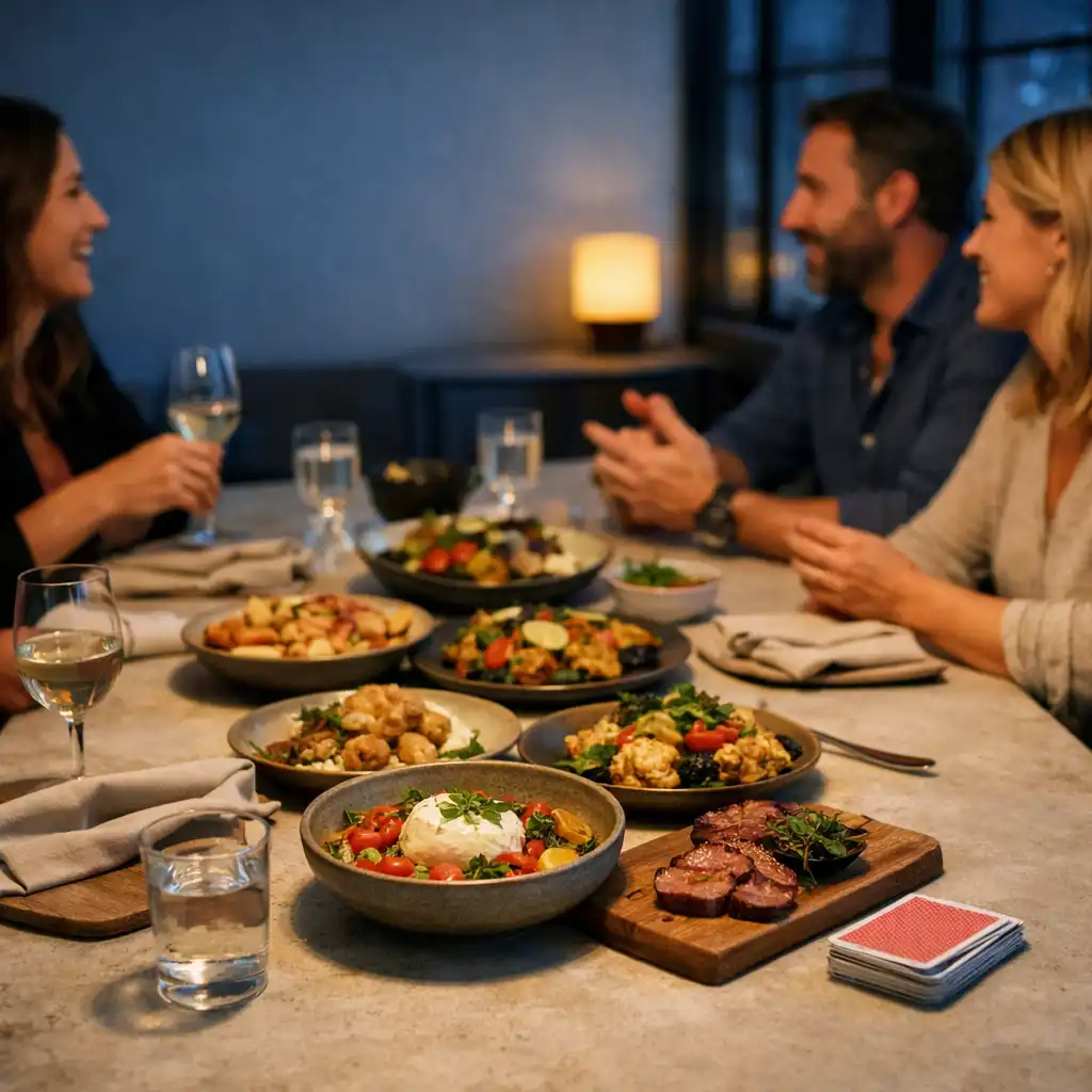 Friends sharing dinner at a Juniper & Jade table with cards resting naturally beside the meal.