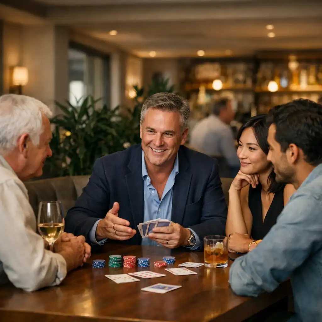 A welcoming host and guests gathered around a real card table in the restaurant card lounge.