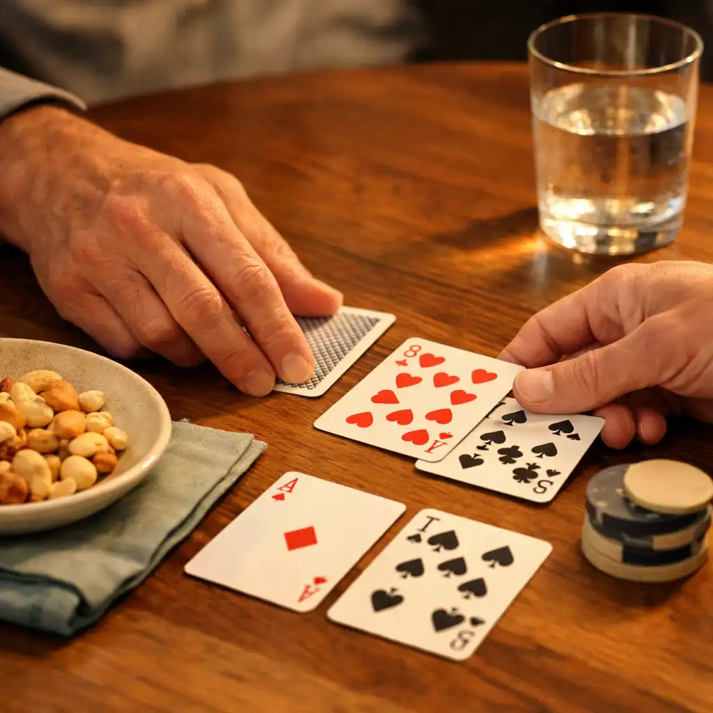Hands arranging physical playing cards beside a ceramic snack plate and water glass