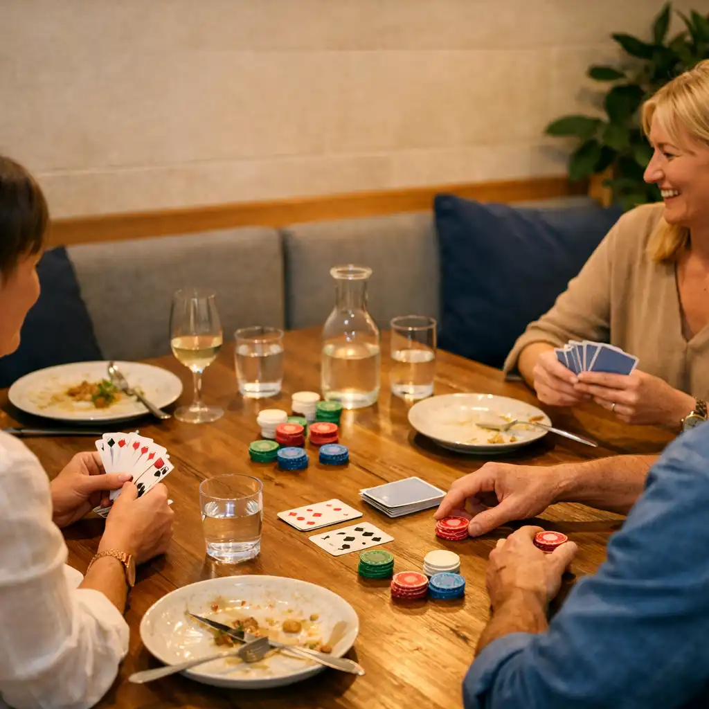 Guests talking around a timber dining table with cards and plates at Juniper & Jade.