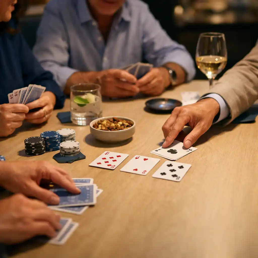 Guests’ hands arranging physical cards on a timber poker table with glassware nearby.