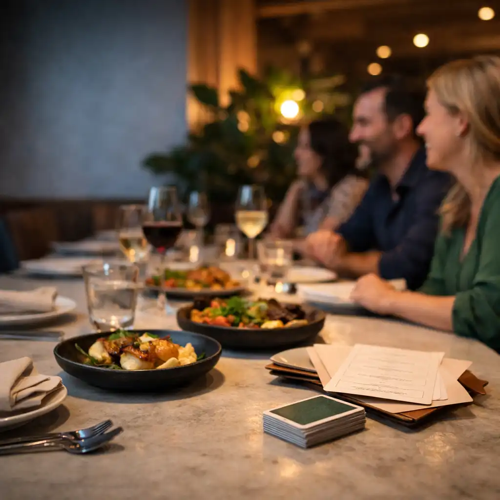 Adult diners gathered around a long restaurant table with shared plates, glassware and cards beside menus.