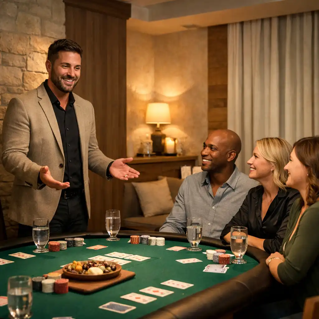 A restaurant host welcoming a small group around a prepared poker table with cards, glasses and a shared snack plate.