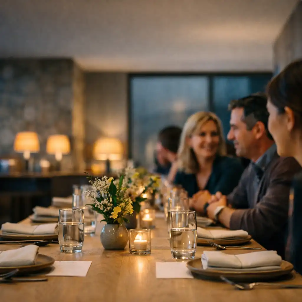 Guests in conversation around a long table set for a private restaurant gathering.
