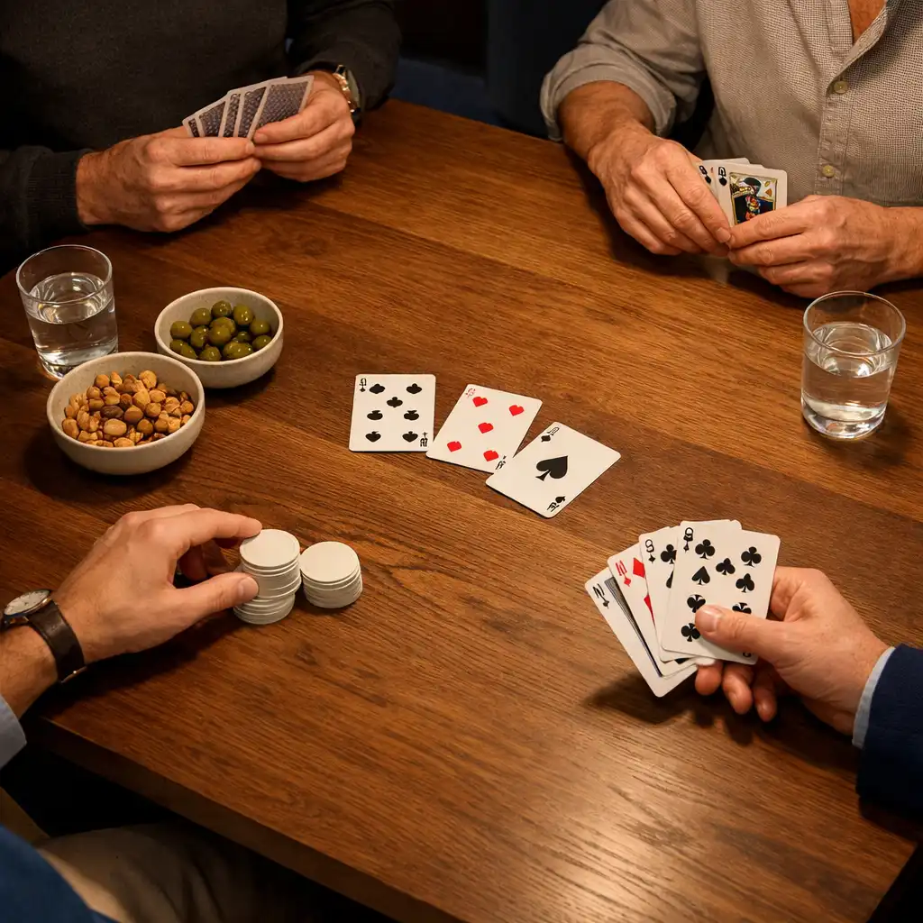 Hands gathered around physical playing cards, snacks and glasses at a timber table in the card lounge.