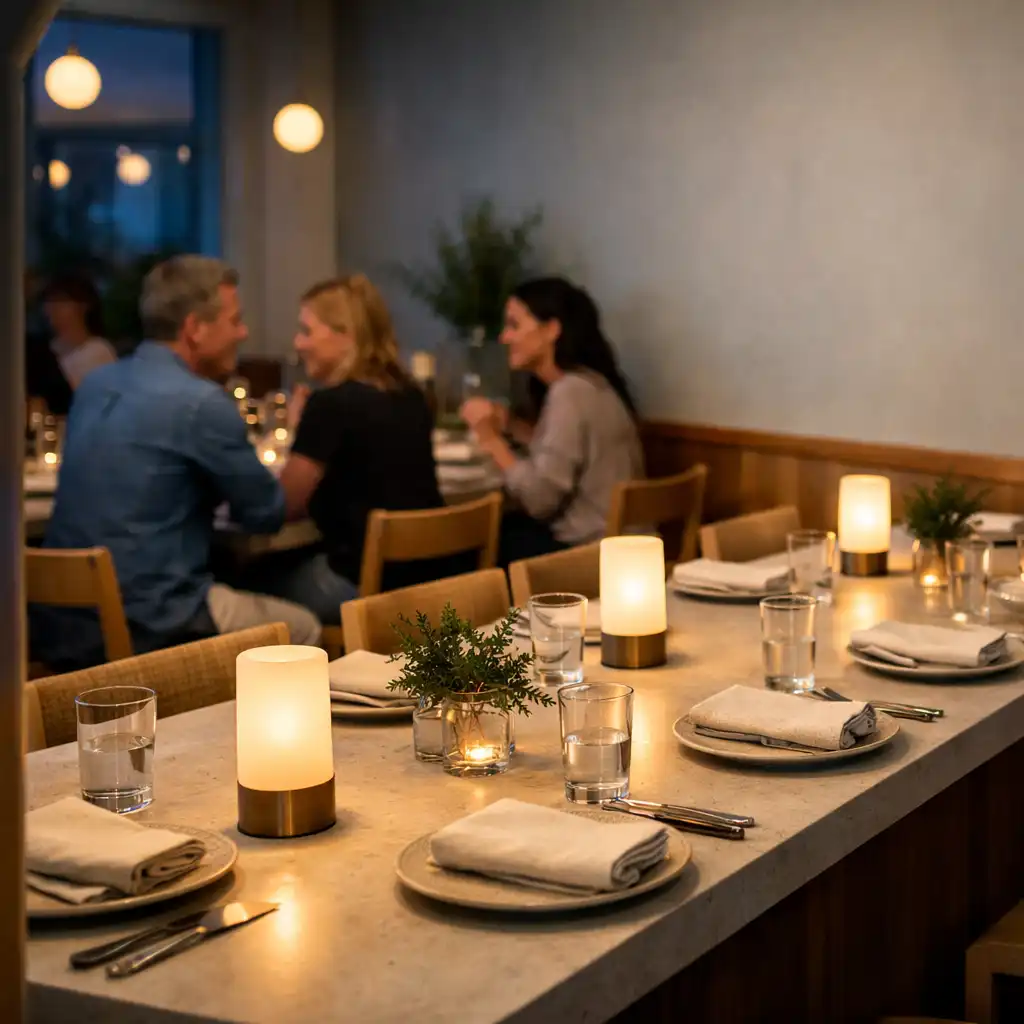 A softly lit Juniper & Jade dining room with a long table set for a social evening.