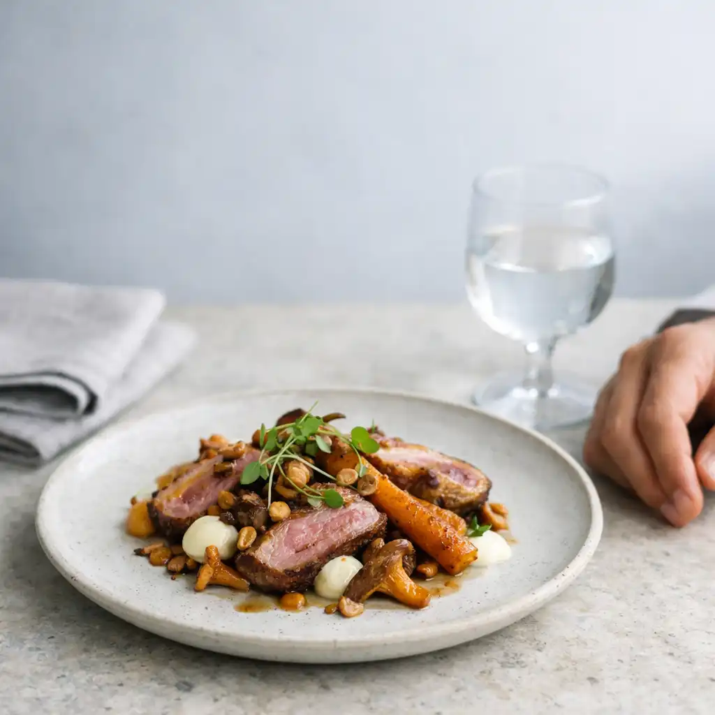 A carefully plated dish with folded linen and glassware on a pale stone restaurant table.