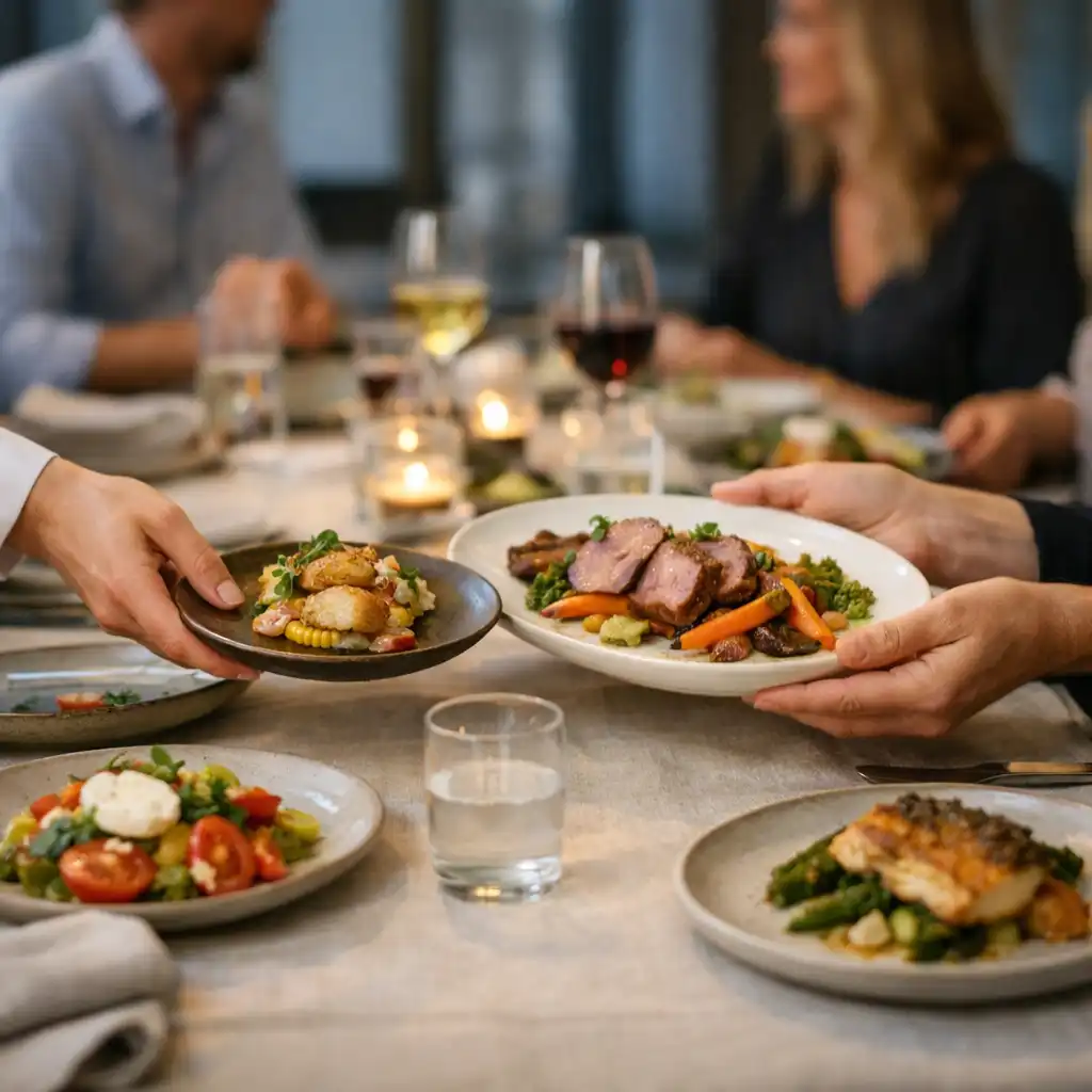 Seasonal dishes being shared at a private restaurant table with guests beyond.