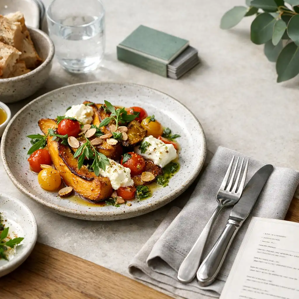 A plated dish, linen and table setting with a discreet pack of cards in the restaurant background.