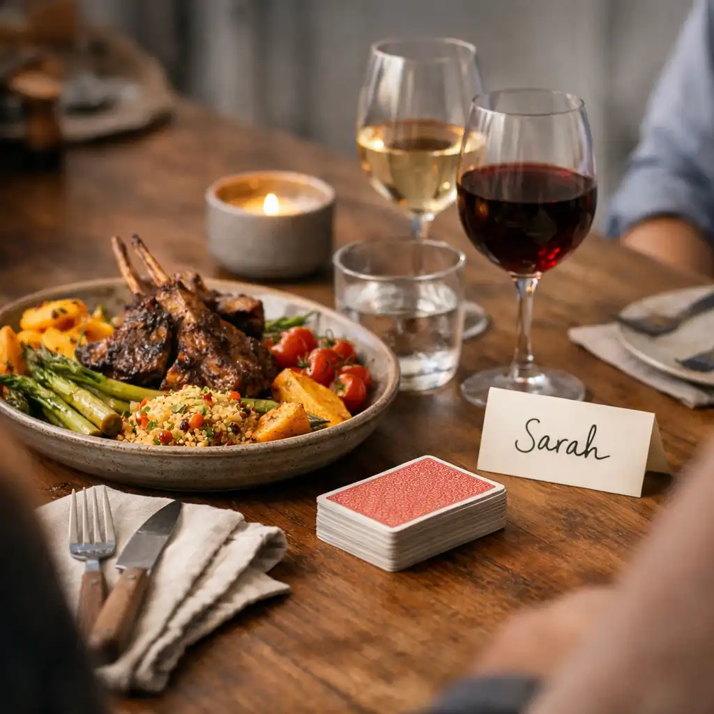 A shared restaurant plate, linen and a tidy deck of cards on a dining table