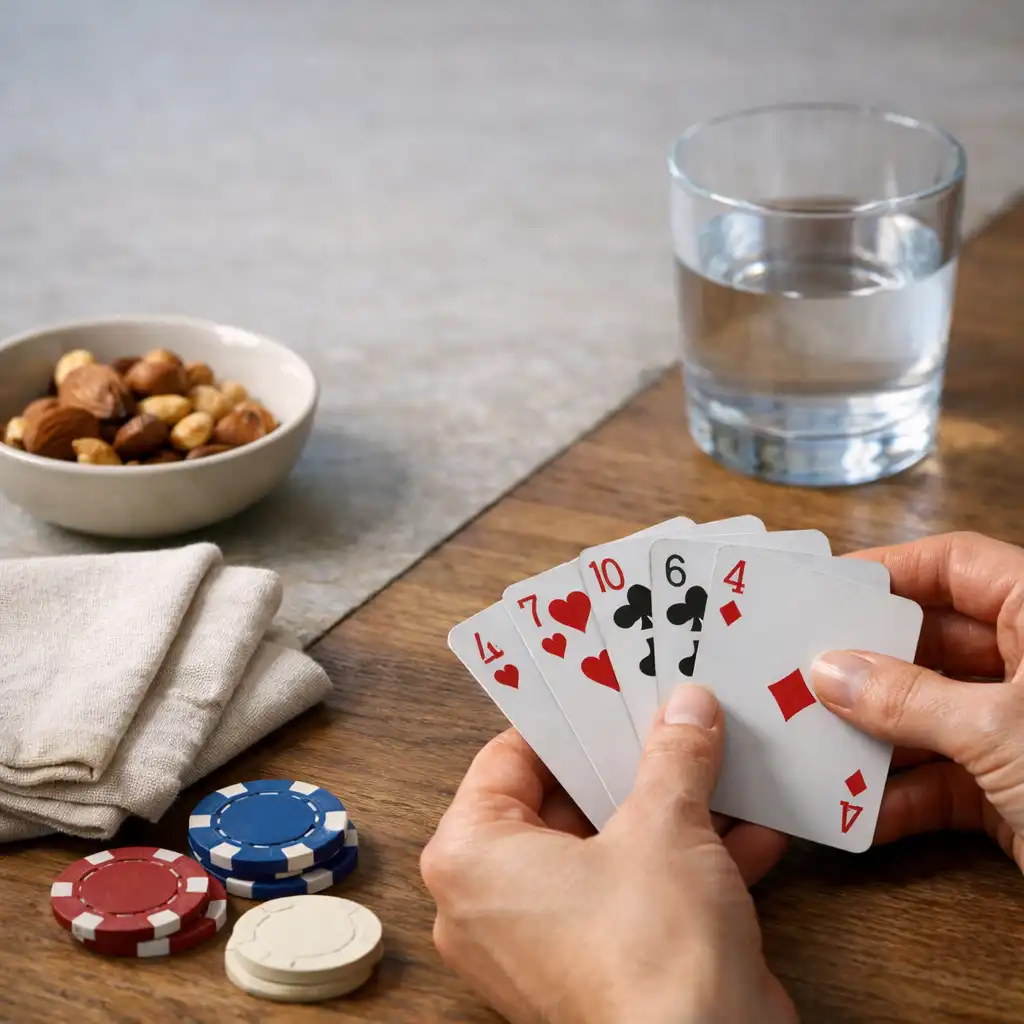 Hands arranging playing cards beside a folded napkin, ceramic dish and water glass on a restaurant table.